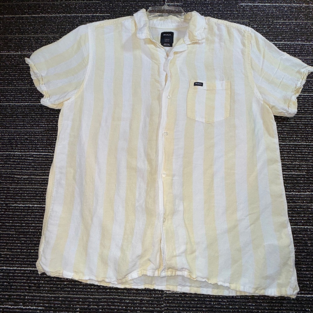 RVCA Striped Button Up Men L Yellow White Linen Blend Short Sleeve Shirt